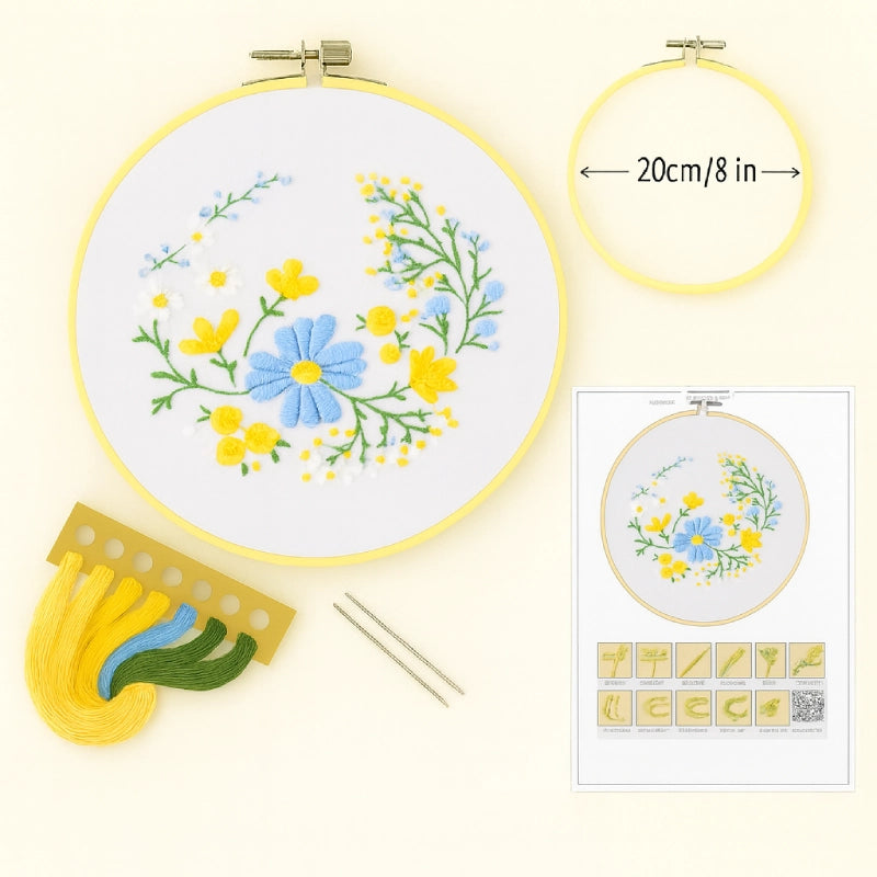 

Illustrated stitch guide sheet with full step-by-step instructions
Complete thread bundle
A square of cotton fabric featuring the pattern
1 Plastic embroidery hoop(20 cm diameter)
2 Embroidery needles