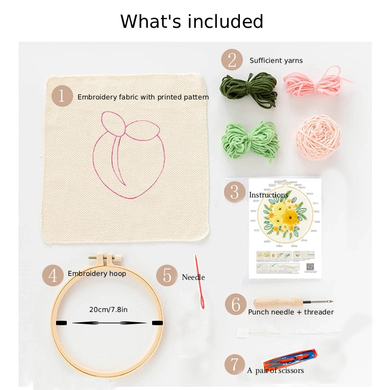 Punch Needle kit with fabric, yarns, hoop, needle, punch needle, threader, and scissors on a white background.