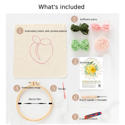 Punch Needle kit with fabric, yarns, hoop, needle, punch needle, threader, and scissors on a white background.