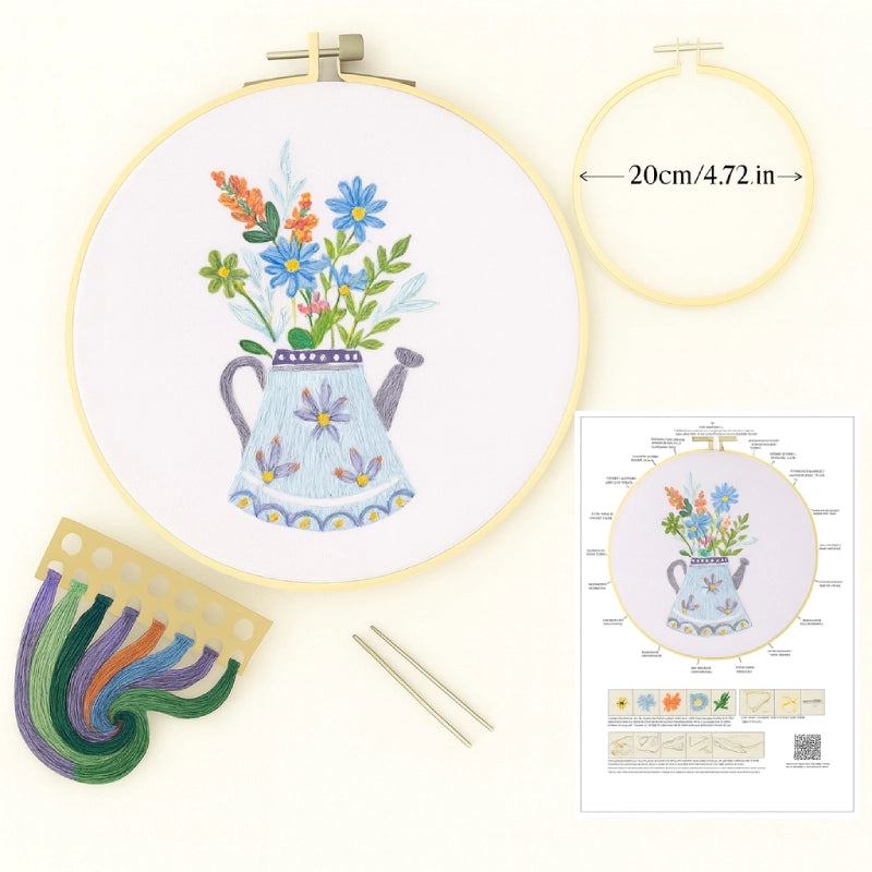 Each set includes:

Embroidery hoop

Colorful threads

2 needles

Stamped washable fabric

English instruction sheet
