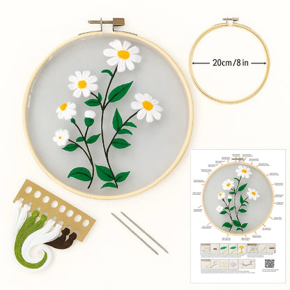 Embroidery hoop with floral design, tools, and instructions on a white background