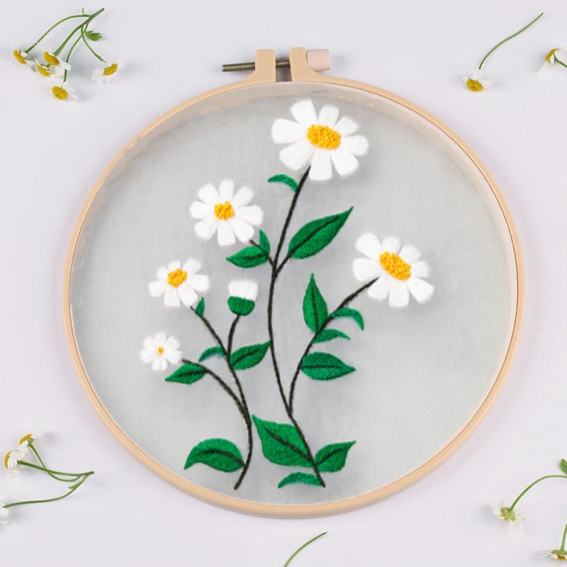 Embroidery hoop with white flowers and green leaves on a light gray background